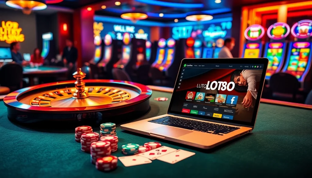 Bets being placed on loto188.gb.net with a vibrant casino atmosphere featuring roulette and poker.