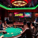 The vibrant casino scene shows players at a poker table and slot machines, highlighting excitement at https://jun88pl.com/.