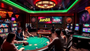 The vibrant casino scene shows players at a poker table and slot machines, highlighting excitement at https://jun88pl.com/.