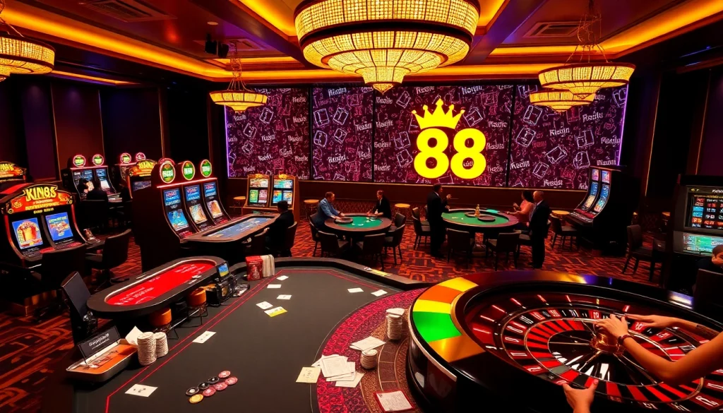 Engaging players at King88 online casino tables with vibrant slot machines and professional dealers.