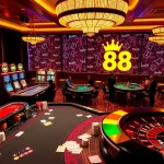 Engaging players at King88 online casino tables with vibrant slot machines and professional dealers.