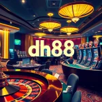 Engage with dh88's thrilling casino experience at a vibrant poker table surrounded by eager players.