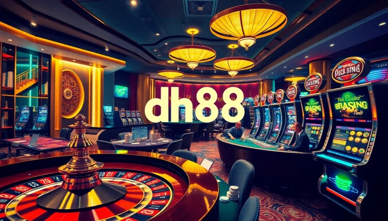 Engage with dh88's thrilling casino experience at a vibrant poker table surrounded by eager players.