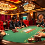 Players enjoying a thrilling poker game at a luxurious casino table with go 88 poker chips stacked high.