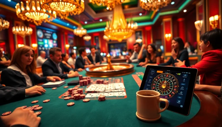 Engaging gambling scene with a poker table and roulette wheel highlighting okking strategies.