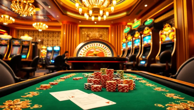 Experience the thrill of win55 with players betting at a luxurious poker table in a vibrant casino.