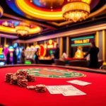 Engaging players enjoying high-stakes at a vibrant casino table, embodying tha bet excitement.