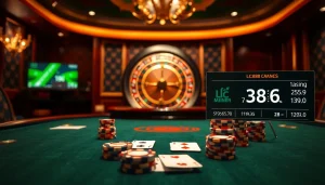 Engage with the thrilling lc88 poker table featuring luxurious chips and cards in a vibrant casino setting.