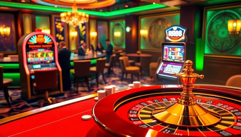 Experience the thrill of RR88 at a vibrant casino table with chips and cards.