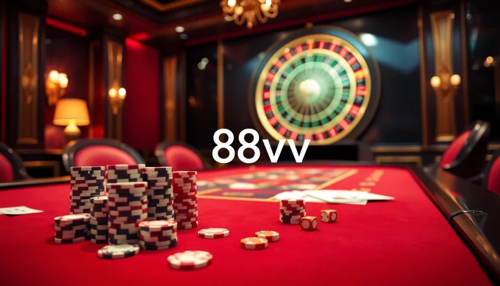Experience the thrill of 88vv with an elegant casino gaming scene featuring cards and roulette.