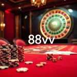 Experience the thrill of 88vv with an elegant casino gaming scene featuring cards and roulette.