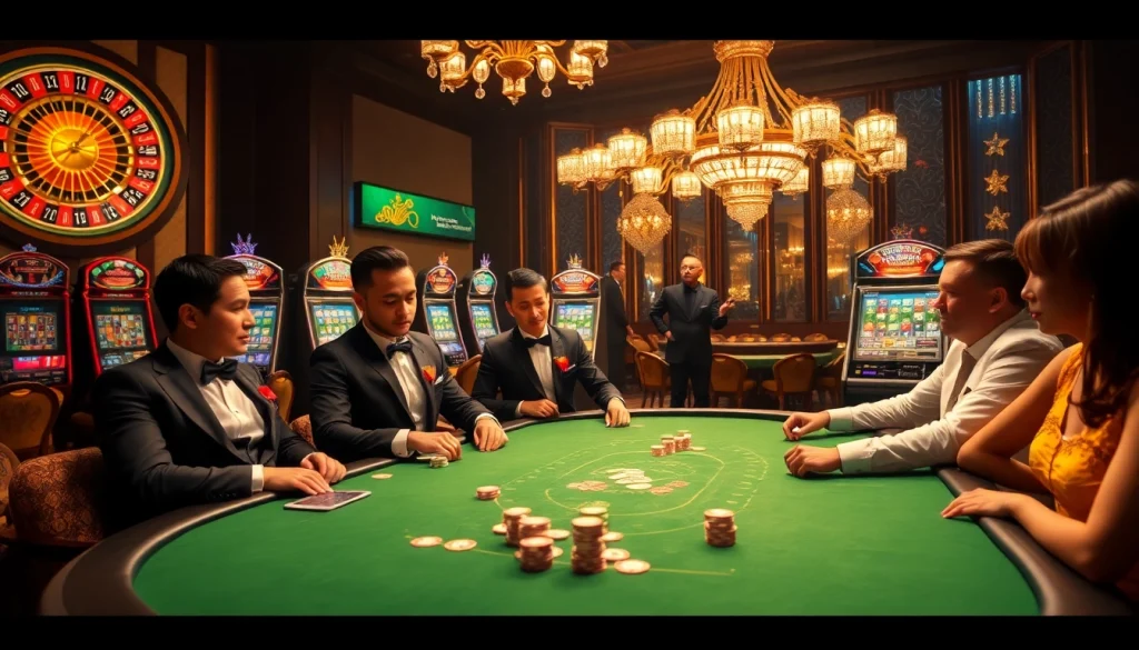 Players engage in a high-stakes poker game at a luxurious casino, featuring elements of https://hm88.studio/ and thrilling gambling action.
