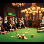 Players engage in a high-stakes poker game at a luxurious casino, featuring elements of https://hm88.studio/ and thrilling gambling action.