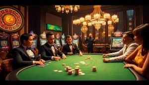 Players engage in a high-stakes poker game at a luxurious casino, featuring elements of https://hm88.studio/ and thrilling gambling action.
