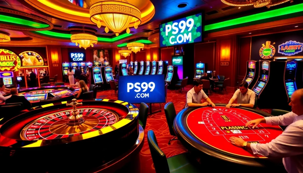 Engaged players at stylish PS99 COM casino table games featuring roulette and poker action.