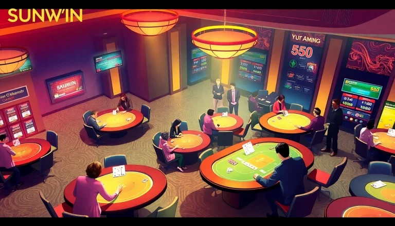 Experience the luxury of SUNWIN gaming with vibrant casino scenes and engaging players.