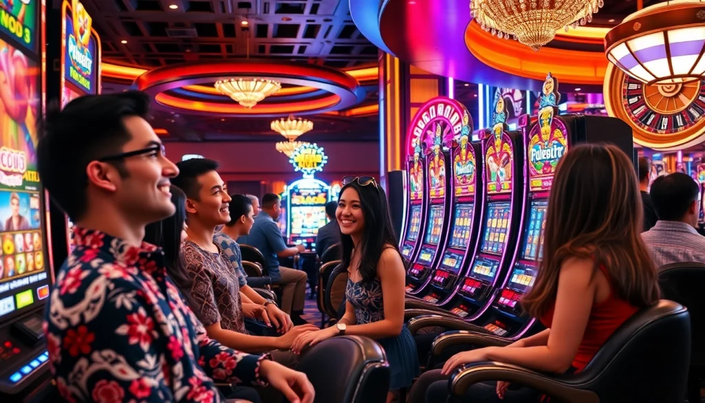 Action-packed scene of nổ hũ slot machines in an upscale casino, showcasing vibrant animations and diverse players.