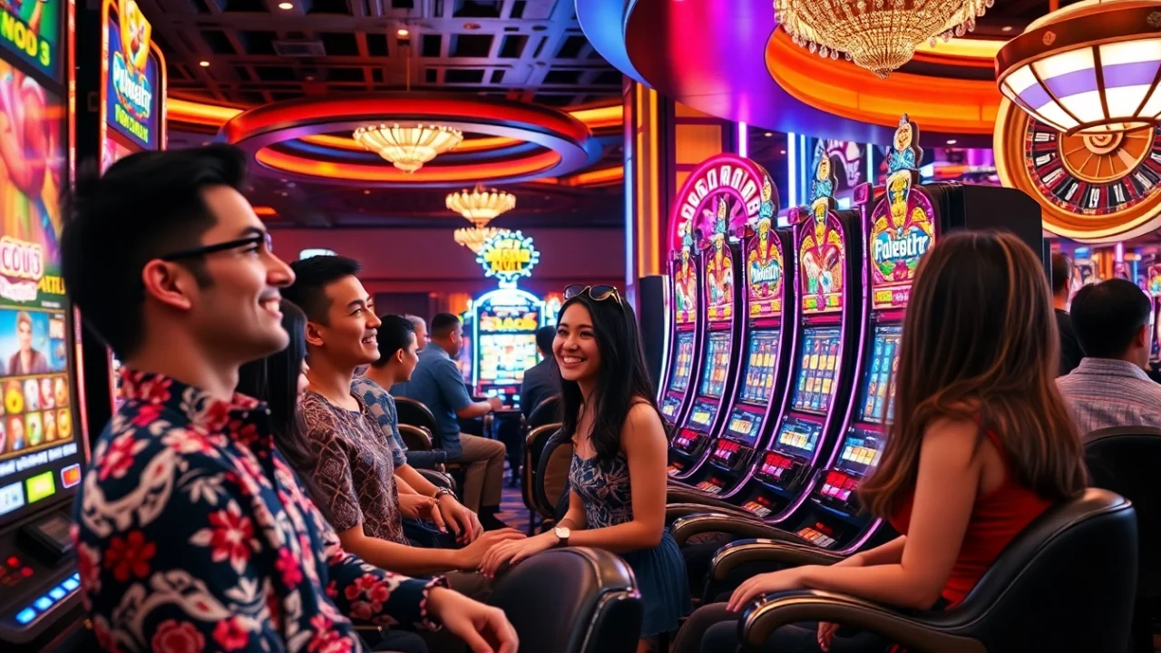 Action-packed scene of nổ hũ slot machines in an upscale casino, showcasing vibrant animations and diverse players.