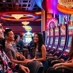 Action-packed scene of nổ hũ slot machines in an upscale casino, showcasing vibrant animations and diverse players.