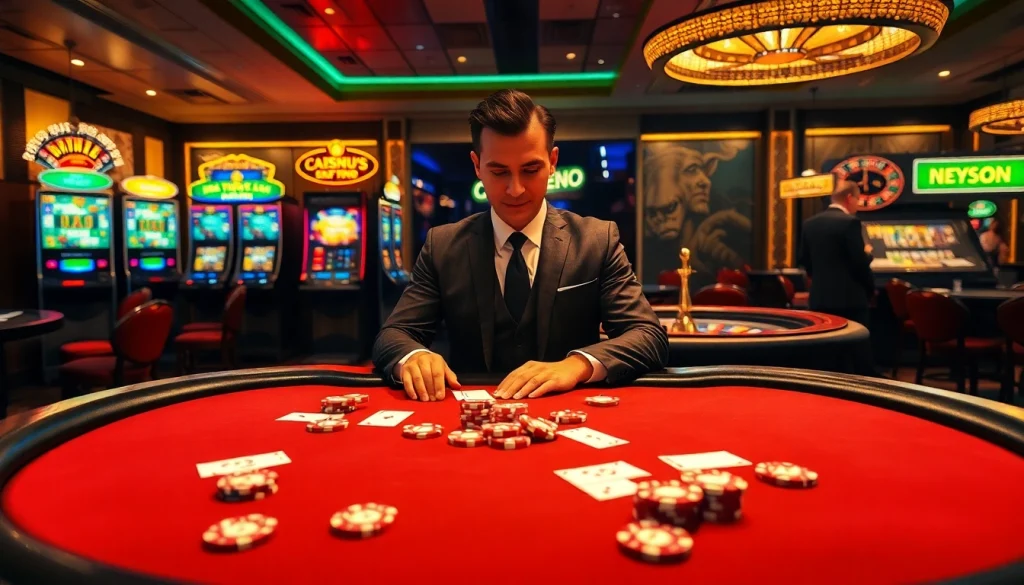 Experience the thrilling action of nhà cái PS99 at a luxurious casino with cards and chips.