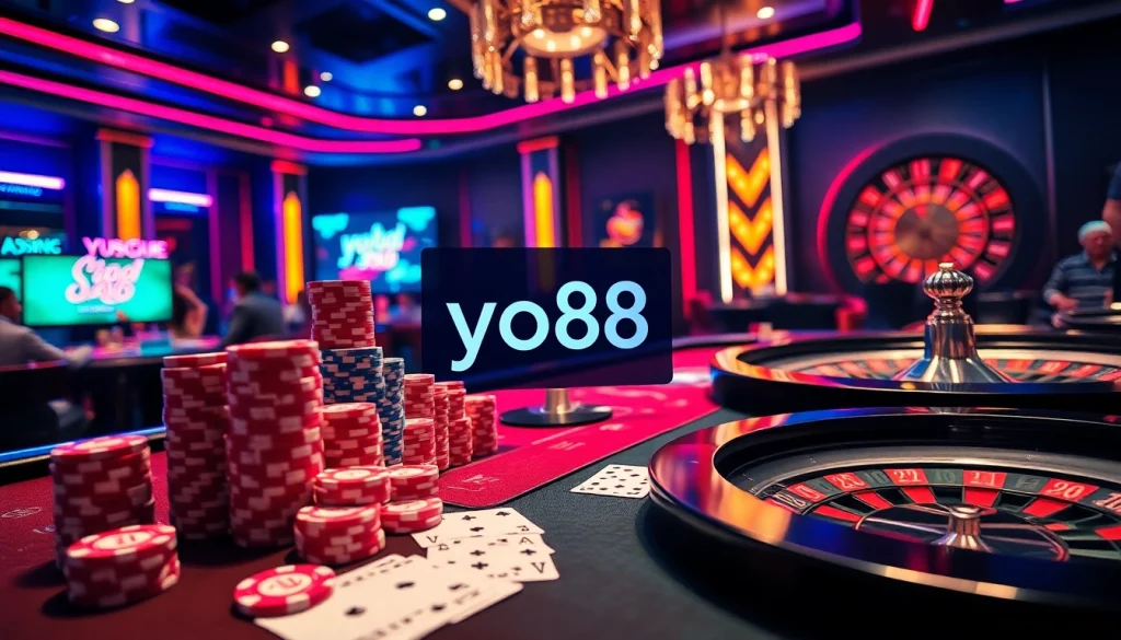 Players immerse in high-stakes gaming at yo88 casino, surrounded by colorful poker chips and cards.