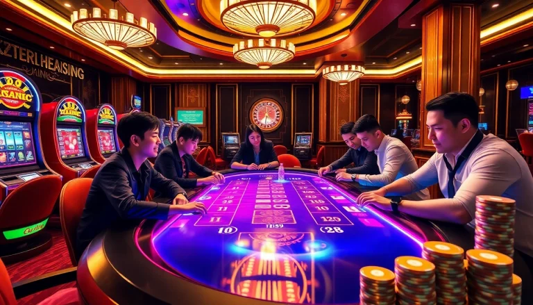 W88 online casino scene showcasing vibrant gaming tables, players celebrating wins, and luxurious ambiance.
