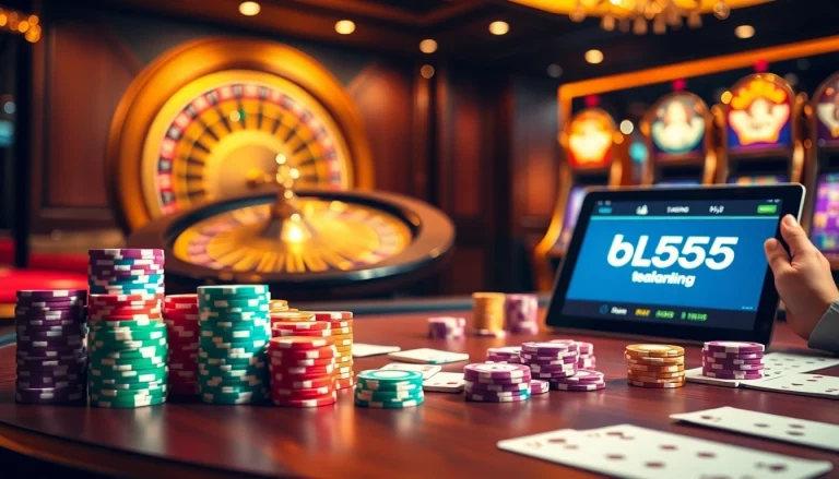 Players strategizing at a luxury casino table, featuring stacked chips and the logo https://bl555.training/ prominently.