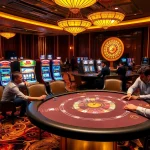 Experience adrenaline at Sunwin with players enjoying a high-stakes poker game amidst vibrant slot machines.