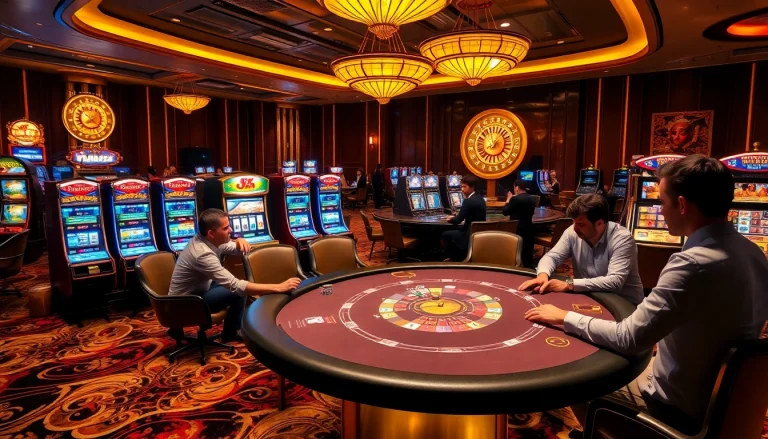 Experience adrenaline at Sunwin with players enjoying a high-stakes poker game amidst vibrant slot machines.