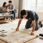 Professional carpet fitters near me installing plush carpet in a cozy living room, showcasing expertise and warmth.