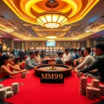 Exciting casino scene featuring MM99 poker table action with vibrant slot machines.
