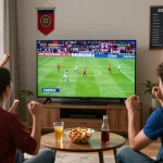 Excited fans enjoying Cakhia live football streaming in a cozy living room.