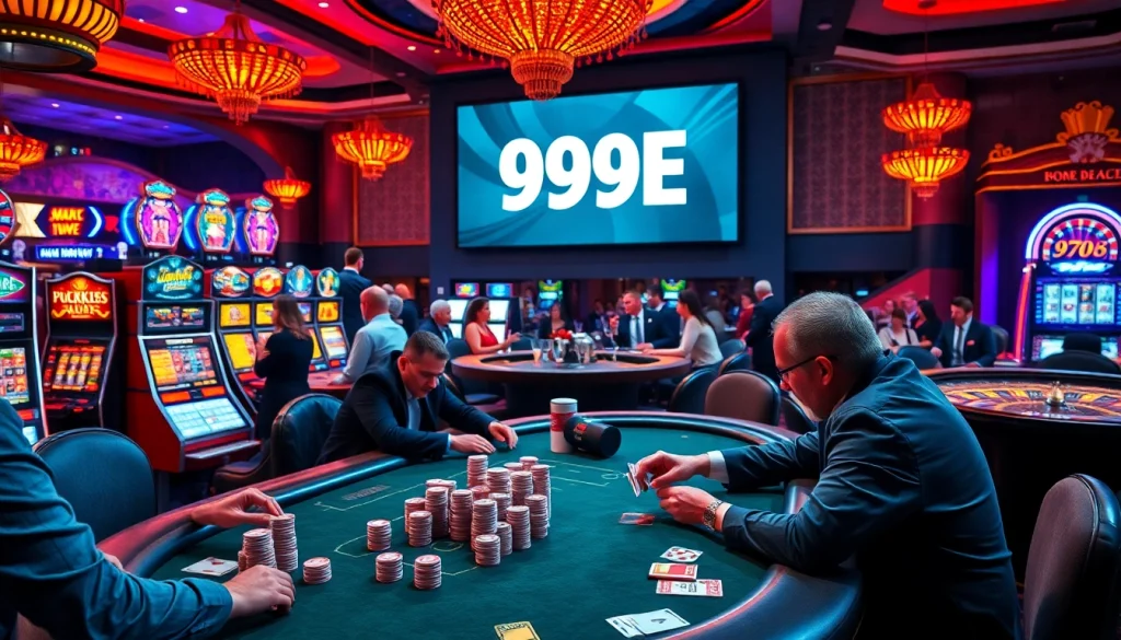 Players engaging with 999E slots and tables in a luxurious casino atmosphere.