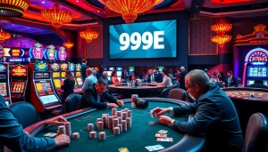 Players engaging with 999E slots and tables in a luxurious casino atmosphere.