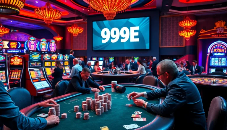 Players engaging with 999E slots and tables in a luxurious casino atmosphere.