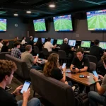 Engaged fans at kênh trực tiếp bóng đá xôi lạc tv sports betting lounge excitedly placing bets on live matches.