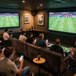 Soco live streaming excitement as fans immerse in a high-energy sports broadcasting lounge during a major football match.