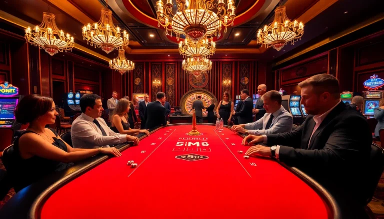 Players enjoy a thrilling poker game at a casino table themed around 5MB excitement and luck.
