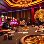 Players enjoying high-stakes poker at the ok8386 casino, surrounded by vibrant slot machines.