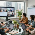 Collaborative team generating video to prompt descriptions in a modern workspace.