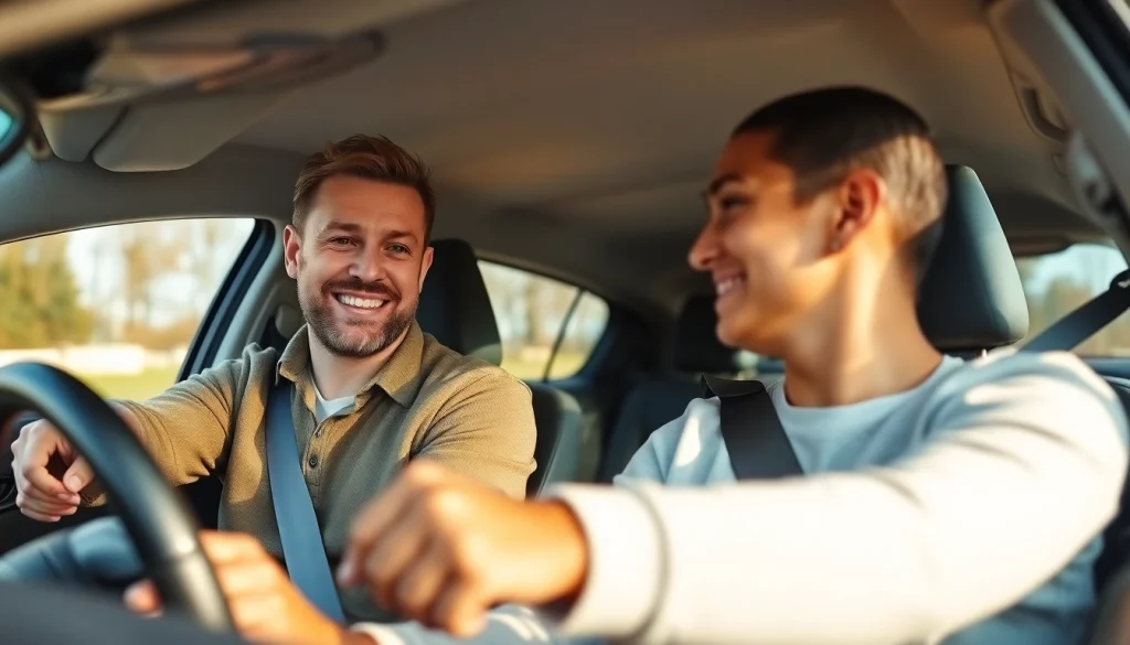 Engage in automatic driving lessons Portsmouth with attentive instructor and student in a modern car.