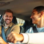 Engage in automatic driving lessons Portsmouth with attentive instructor and student in a modern car.