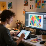 Dynamic AI art studio scene where an artist creates vibrant artwork using an image prompt generator, highlighting creativity and tools.