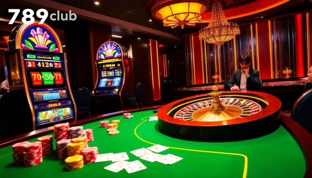 Exciting gambling scene at 789club featuring poker chips, slot machines, and a roulette wheel.