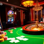 Exciting gambling scene at 789club featuring poker chips, slot machines, and a roulette wheel.