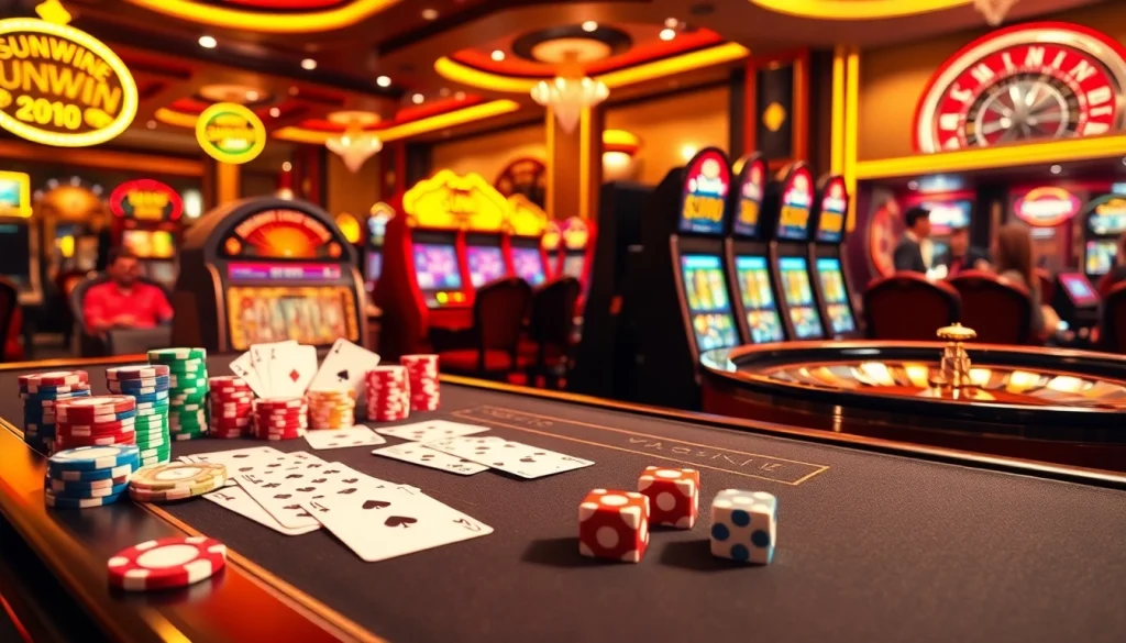 Experience the thrill of SUNWIN with vibrant casino games, poker chips, and a spinning roulette wheel.