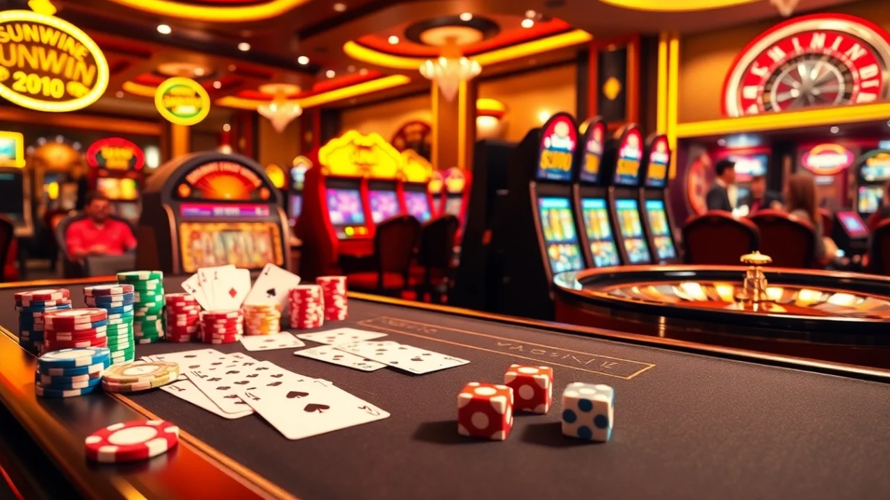 Experience the thrill of SUNWIN with vibrant casino games, poker chips, and a spinning roulette wheel.