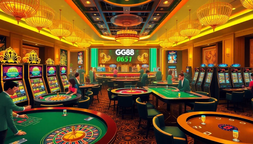 Experience the excitement at GG88 casino with vibrant gaming tables and slot machines.