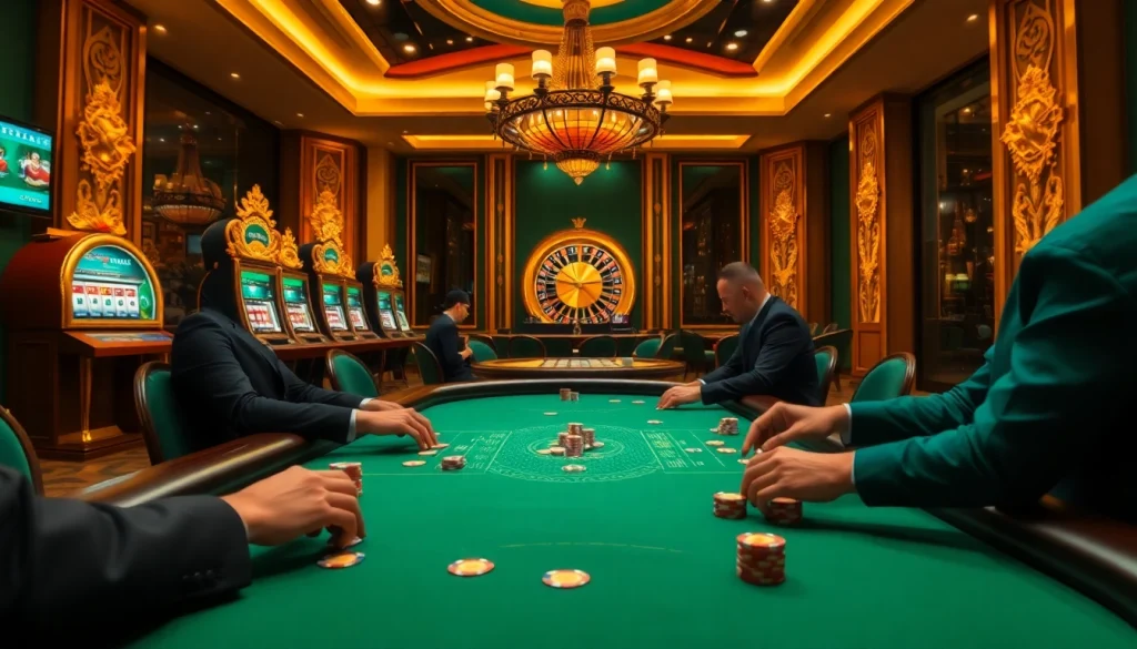 Players engaging in high-stakes poker at rikvip's luxurious casino, showcasing chips and cards.