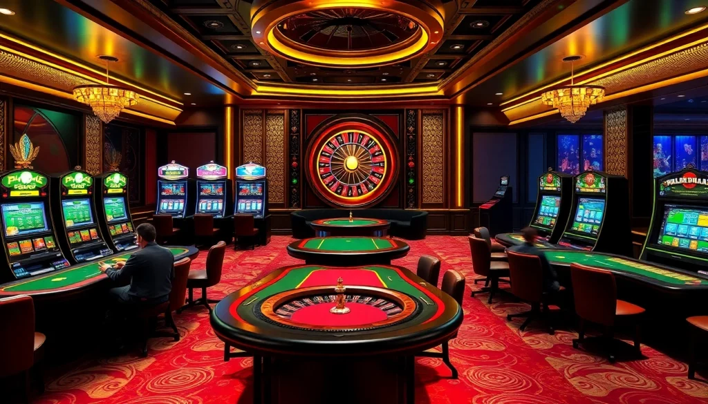 A bustling casino scene showcasing players enjoying games at 789club with poker tables and slot machines.